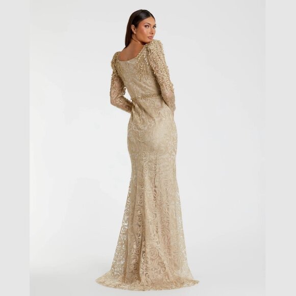 Mac Duggal 11187 Size 14‎ Gold Embroidered Lace Applique Trumpet Gown Maxi Dress - Picture 4 of 4